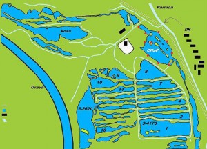 Mapa párnických rybníkov. Vpravo je označený revír s režimom Chyť a pusť. (zdroj: Párnický rybár)